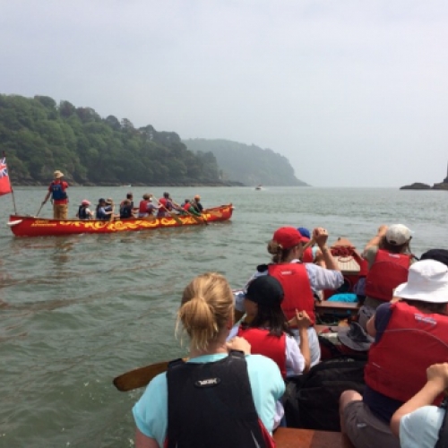 school group at Dartmouth castle river dart with Canoe Adventures